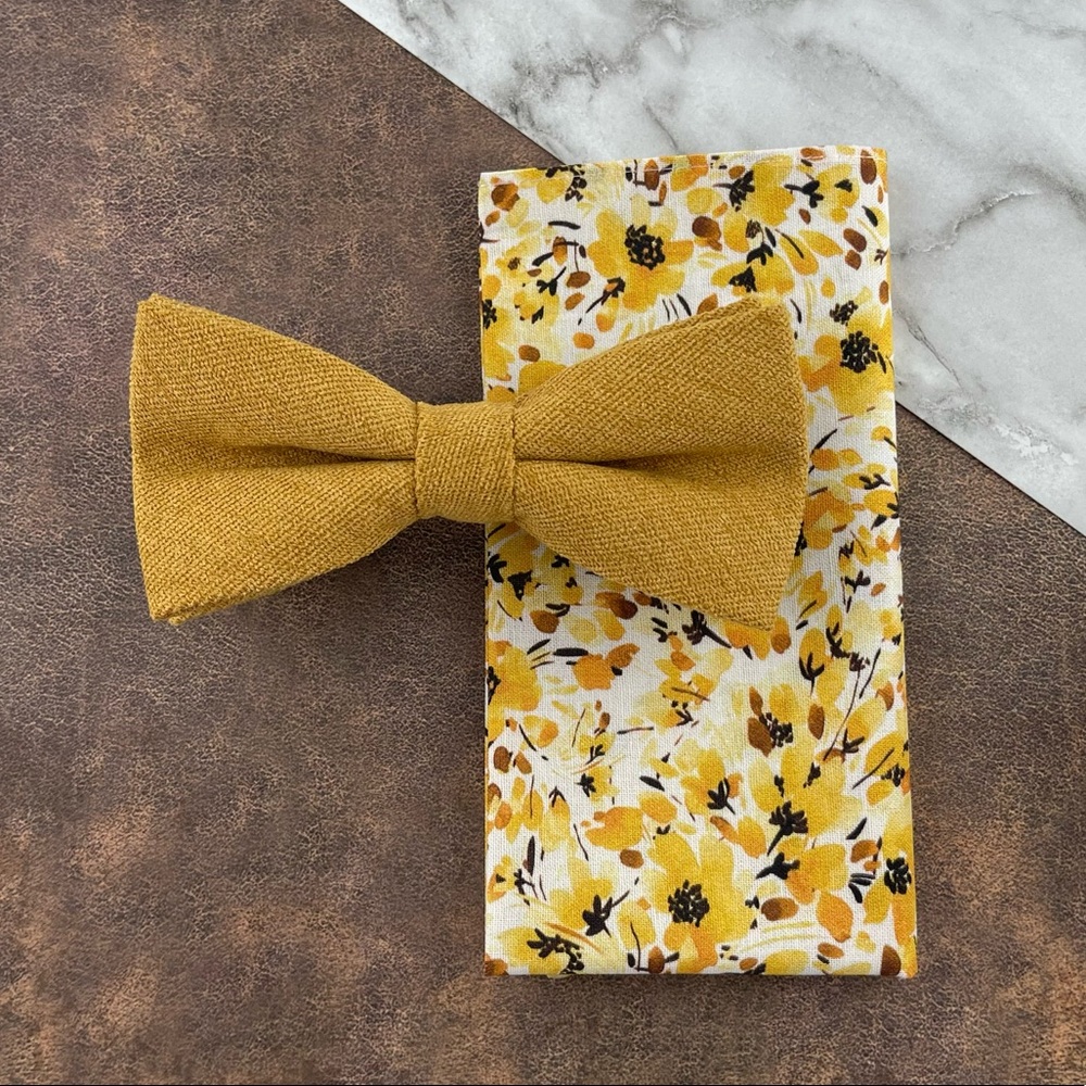 Men’s Marigold Velour Bow Tie & White Watercolor Floral Pocket Square